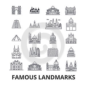 Famous landmark, sights, world place, world travel, tourism, vacation line icons. Editable strokes. Flat design vector