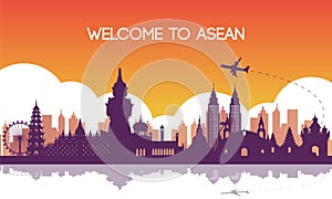 Famous landmark of southeast Asia,travel destination,silhouette design,purple and orange gradient color photo