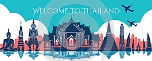 Famous landmark of Thailand,travel destination,silhouette design, blue and red color