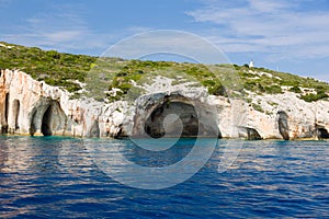 Famous landmark, tourist attraction. Blue Caves in Zakynthos island, Greece.