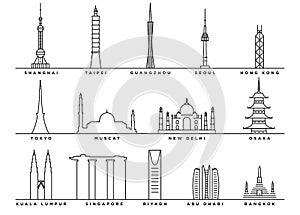 Famous Landmarks of Asia with Flat Line Style