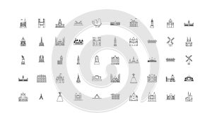 Famous landmarks concept illustration, linear icons, line signs set, vector collection