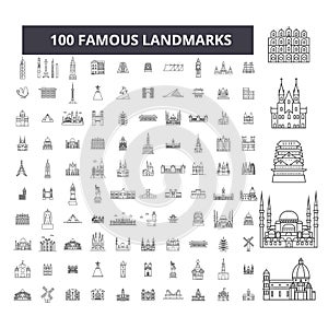 Famous landmarks editable line icons, 100 vector set, collection. Famous landmarks black outline illustrations, signs