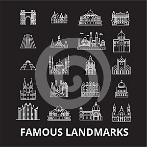 Famous landmarks editable line icons vector set on black background. Famous landmarks white outline illustrations, signs