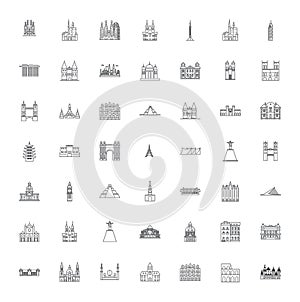 Famous landmarks linear icons, signs, symbols vector line illustration set
