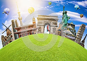 Famous landmarks of the world grouped together on green planet Earth for travel concepts