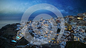 The famous of landscape view point with milky way in the night scene at Oia town on Santorini island