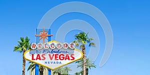 Famous Las Vegas sign on bright sunny day with blue sky background and copy space