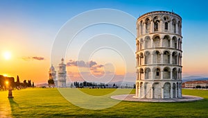 The famous Leaning Tower beautiful sunset in Pisa, Italy.