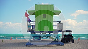 Famous lifeguard tower at Miami beach in Florida. Atlantic ocean vacation place on South Beach