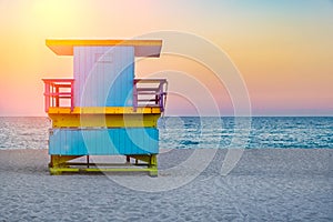 Famous lifeguard tower at South Beach in Miami at sunset