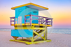 Famous lifeguard tower at South Beach in Miami at sunset