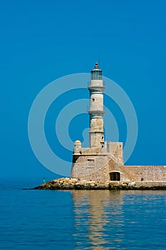 Famous lighthouse in bay in Chania