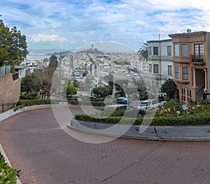 The famous Lombard Street in San Francisco, California, United States. Steep street with many slopes and Californian.