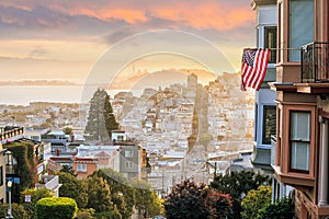 Famous Lombard Street in San Francisco at sunrise