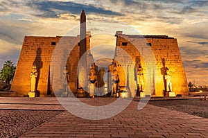 Famous Luxor Temple of Egypt, main entrance evening view