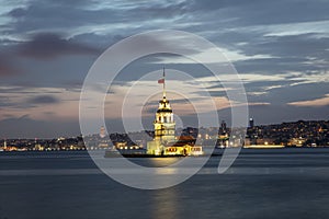 The famous Maiden`s Tower or the Leanders Tower Kiz Kulesi in Turkish standing in the middle of the Bosphorus, Istanbul, Turkey