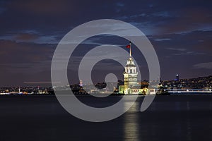 The famous Maiden`s Tower or the Leanders Tower Kiz Kulesi in Turkish standing in the middle of the Bosphorus, Istanbul, Turkey