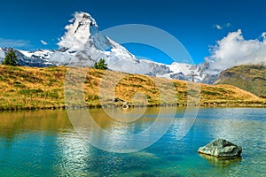 Famous Matterhorn peak and Leisee alpine glacier lake,Valais,Switzerland