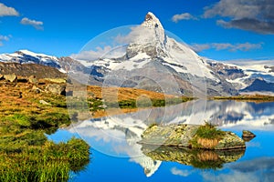Famous Matterhorn peak and Stellisee alpine glacier lake,Valais,Switzerland