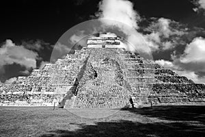 Famous Mayan pyramid at Chichen Itza archeological site in BW