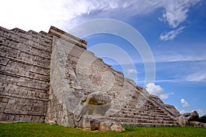 Famous Mayan pyramid in Chichen Itza with stone stairs