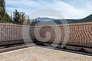 Famous mediaeval Fountain of 99 Spouts in ithe old town of L\'Aquila, Italy