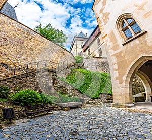 Famous medieval gothic castle Karlstejn on top of the hill. Beautiful stronghold is built by king Charles IV. Historical national