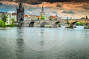 Famous medieval stone Charles bridge, Prague, Czech Republik, Europe