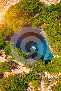 Famous Melissani lake on Kefalonia island, Karavomylos, Greece. On top of Melissani Cave (Melissani Lake) in Karavomylos village