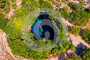 Famous Melissani lake on Kefalonia island, Karavomylos, Greece. On top of Melissani Cave Melissani Lake in Karavomylos village