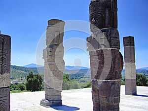 Famous Mexican Tula pyramids and statues from Toltec Empire near Teotihuacan site