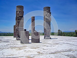 Famous Mexican Tula pyramids and statues from Toltec Empire near Teotihuacan site
