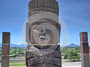 Famous Mexican Tula pyramids and statues from Toltec Empire near Teotihuacan site