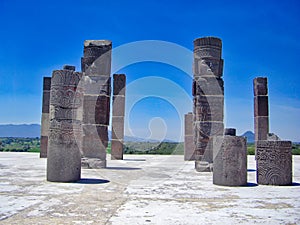 Famous Mexican Tula pyramids and statues from Toltec Empire near Teotihuacan site photo