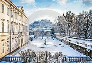 Famous Mirabell Gardens in the historic city of Salzburg in winter