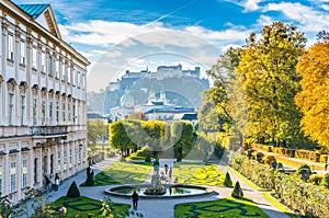 Famous Mirabell Gardens with historic Fortress in Salzburg, Austria