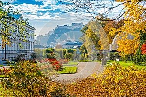 Famous Mirabell Gardens with historic Fortress in Salzburg, Austria