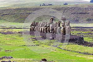 Famous Moai Monument Statues Lined up on Ahu Tongariki Platform