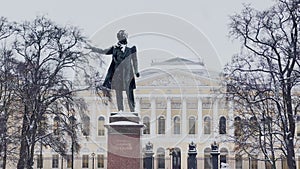 The famous monument to the poet Alexander Sergeyevich Pushkin on the Square of Arts in front of the Russian Museum in