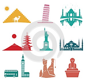 Famous monuments travel icons.