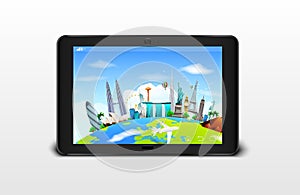 Famous monuments of the world grouped together on a digital tablet