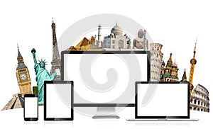 Famous monuments of the world and tech devices on white backgrou