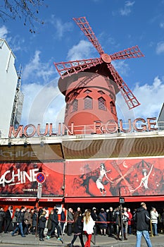 The famous Moulin Rouge cabaret in the lively Pigalle district on Boulevard de Clichy near Montmartre in Paris, France