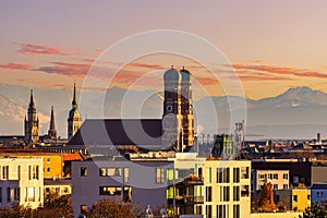 Famous Munich Skyline with Alps