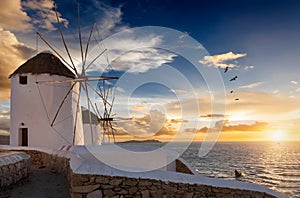 The famous Mykonos windmills during sunset, Greece