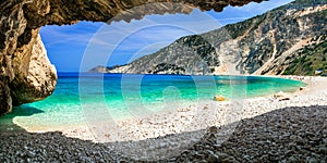 Famous Myrtos beach in Cefalonia island, view from the cave. Greece