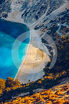 Famous Myrtos beach from overlook, Kefalonia (Cephalonia), Greece. Myrtos beach, Kefalonia island, Greece. Beautiful view of