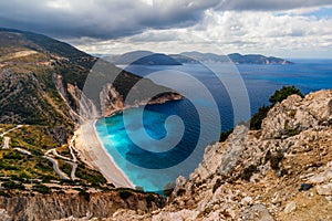 Famous Myrtos beach from overlook, Kefalonia (Cephalonia), Greece. Myrtos beach, Kefalonia island, Greece. Beautiful view of