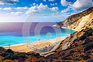 Famous Myrtos beach from overlook, Kefalonia (Cephalonia), Greece. Myrtos beach, Kefalonia island, Greece. Beautiful view of